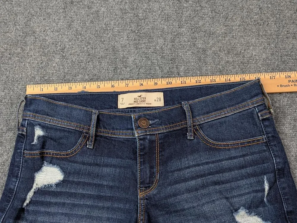 Hollister Shorts Womens Juniors 7 W28 Blue Midi Distressed Frayed Cutoff Denim